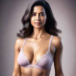 A high-quality digital art image of a confident woman wearing a tasteful bra