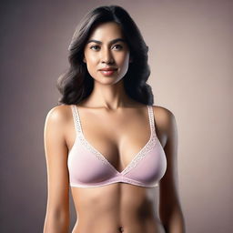 A high-quality digital art image of a confident woman wearing a tasteful bra