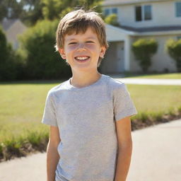 A young boy standing upright in casual attire, with a gleeful expression on his face, on a sunny day.