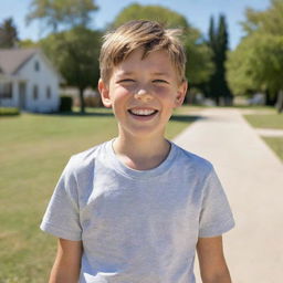 A young boy standing upright in casual attire, with a gleeful expression on his face, on a sunny day.