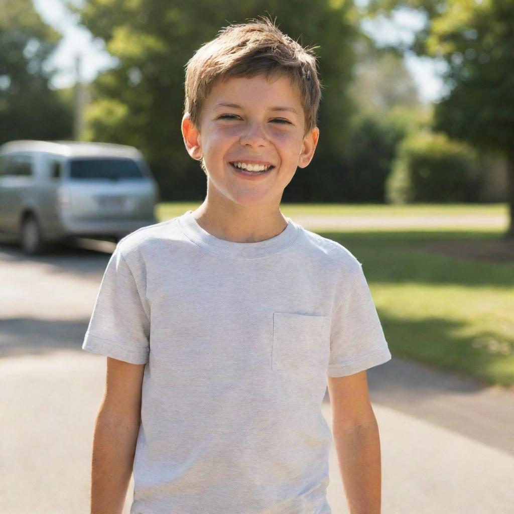 A young boy standing upright in casual attire, with a gleeful expression on his face, on a sunny day.