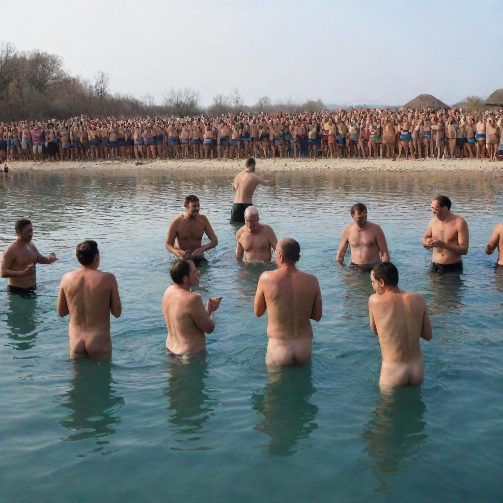 A festive scene celebrating the holiday of Epiphany with people involved in the traditional water diving event.