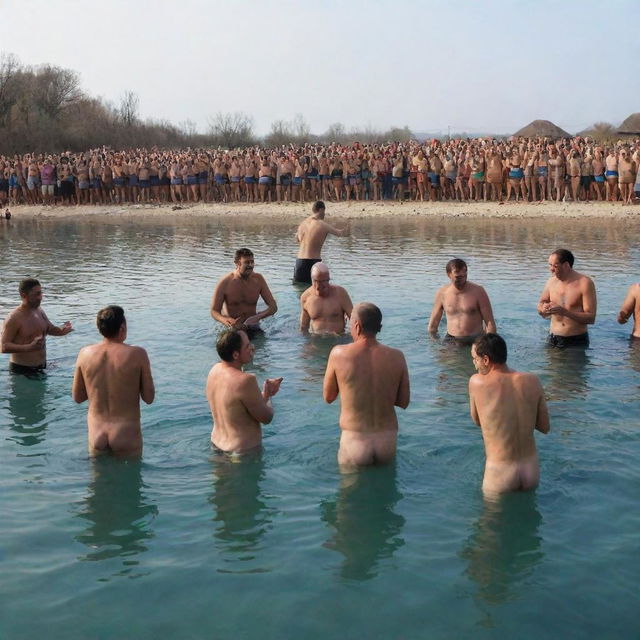 A festive scene celebrating the holiday of Epiphany with people involved in the traditional water diving event.