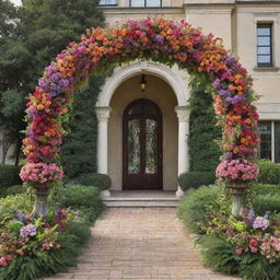 An ornate entrance arch elegantly adorned with a variety of colorful blooms and lush green foliage, creating a captivating floral design.