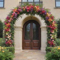 An ornate entrance arch elegantly adorned with a variety of colorful blooms and lush green foliage, creating a captivating floral design.