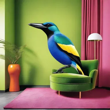 The broadbill bird's unique plumage and short wide bill inspired the design of the vibrant and spacious living room with its bold colors and curvaceous furniture.