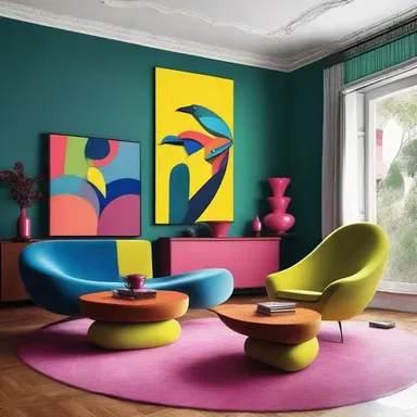 The broadbill bird's unique plumage and short wide bill inspired the design of the vibrant and spacious living room with its bold colors and curvaceous furniture.