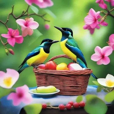 In the enchanting garden, adorned with flowers of every hue, the sweet melody of the broadbill bird created a perfect backdrop for their romantic picnic.