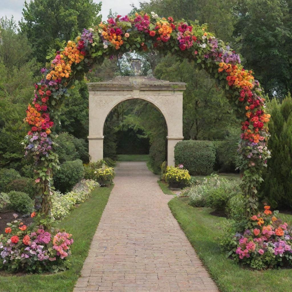 An ornate entrance arch elegantly adorned with a variety of colorful blooms and lush green foliage, creating a captivating floral design.