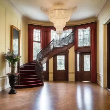 The grand entrance of the mansion featured a stunning chandelier designed in the shape of a broadbill.