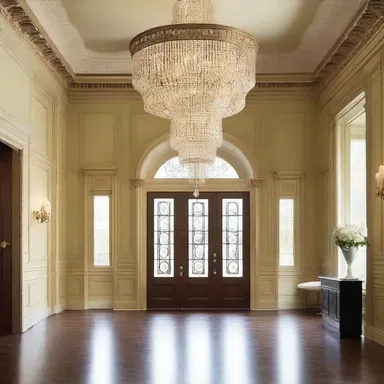 The grand entrance of the mansion featured a stunning chandelier designed in the shape of a broadbill.