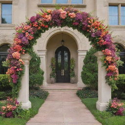 An ornate entrance arch elegantly adorned with a variety of colorful blooms and lush green foliage, creating a captivating floral design.