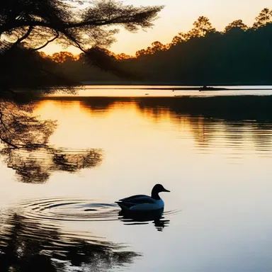 As the sun set over the lake, the couple watched the graceful broadbill ducks with their bluish-grey bills gliding across the water, creating a romantic atmosphere.