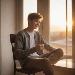 A cheerful teenage boy comfortably seated on a chair near a sunlit window, savoring a cup of coffee and gazing blissfully at the glowing sunset.