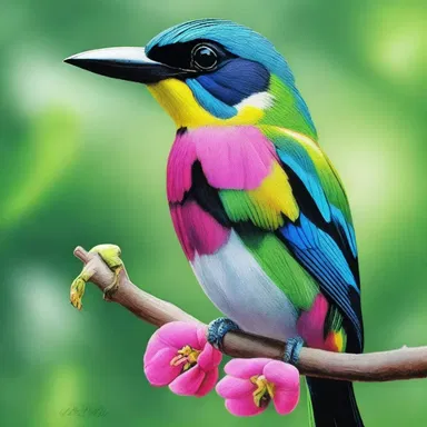The artist painted a stunning portrait of a broadbill in vibrant colors, capturing its unique beauty.