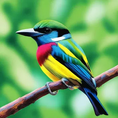 The artist painted a stunning portrait of a broadbill in vibrant colors, capturing its unique beauty.