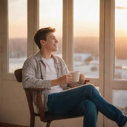 A cheerful teenage boy comfortably seated on a chair near a sunlit window, savoring a cup of coffee and gazing blissfully at the glowing sunset.