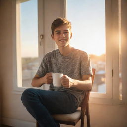 A cheerful teenage boy comfortably seated on a chair near a sunlit window, savoring a cup of coffee and gazing blissfully at the glowing sunset.