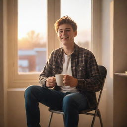 A cheerful teenage boy comfortably seated on a chair near a sunlit window, savoring a cup of coffee and gazing blissfully at the glowing sunset.