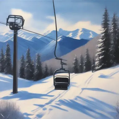 The artist painted a beautiful landscape with a chair lift in the background.