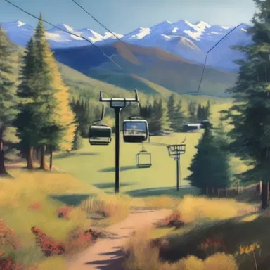 The artist painted a beautiful landscape with a chair lift in the background.