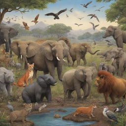 A lively scene featuring a diverse array of animals from different habitats coexisting peacefully.