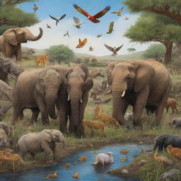 A lively scene featuring a diverse array of animals from different habitats coexisting peacefully.