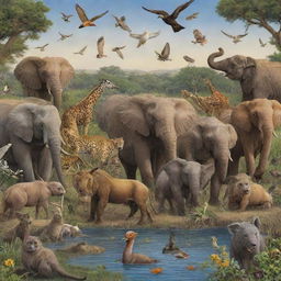 A lively scene featuring a diverse array of animals from different habitats coexisting peacefully.