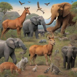 A lively scene featuring a diverse array of animals from different habitats coexisting peacefully.