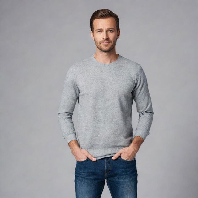 Generate an image of a man in casual clothing standing confidently.