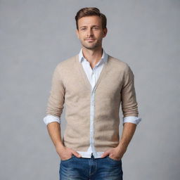 Generate an image of a man in casual clothing standing confidently.