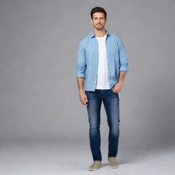 Generate an image of a man in casual clothing standing confidently.