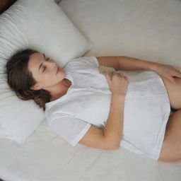 Top-view of a woman reclining on a bed, a book resting on her chest.