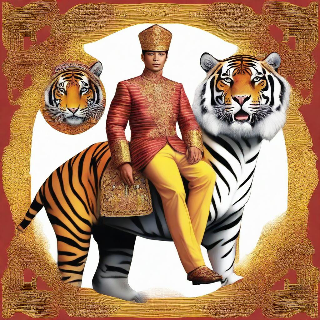 This is a digital art image showcasing an Indonesian prince mounted on a large, majestic tiger