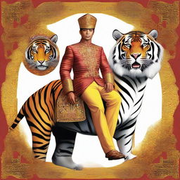 This is a digital art image showcasing an Indonesian prince mounted on a large, majestic tiger