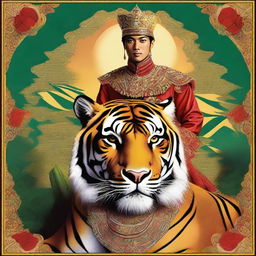 This is a digital art image showcasing an Indonesian prince mounted on a large, majestic tiger