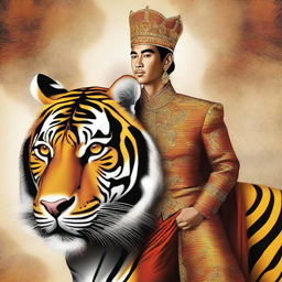 This is a digital art image showcasing an Indonesian prince mounted on a large, majestic tiger