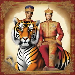 This is a digital art image showcasing an Indonesian prince mounted on a large, majestic tiger