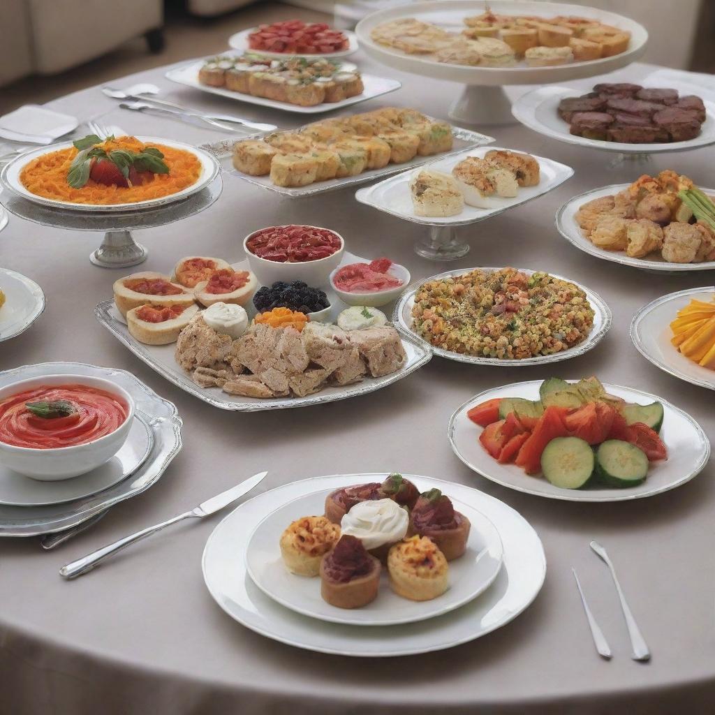 Create a visually appealing design for a catering statement; incorporating elements such as platters of various cuisines, silver serving utensils, and a elegant yet vibrant color scheme.