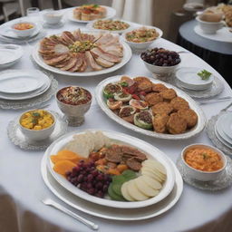 Create a visually appealing design for a catering statement; incorporating elements such as platters of various cuisines, silver serving utensils, and a elegant yet vibrant color scheme.