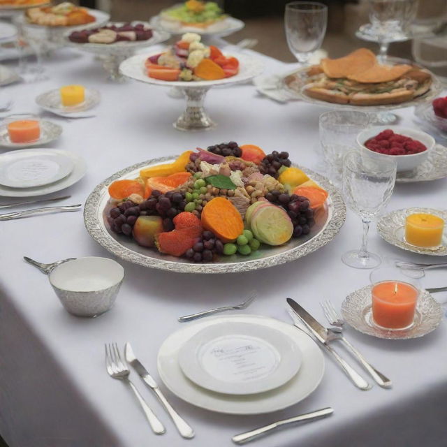 Create a visually appealing design for a catering statement; incorporating elements such as platters of various cuisines, silver serving utensils, and a elegant yet vibrant color scheme.