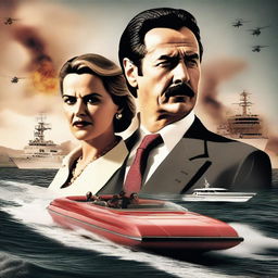 An action-packed movie poster in the style of Narcos, featuring the Spanish president and his wife as the central characters