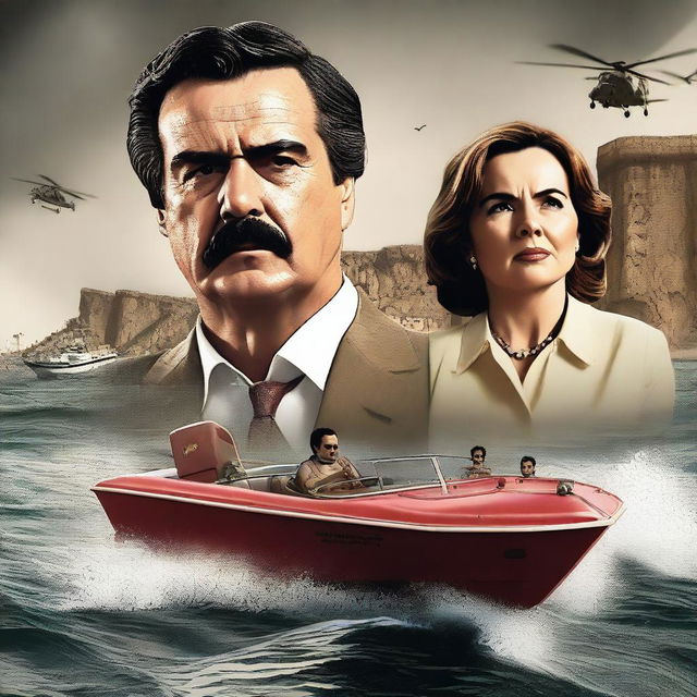 An action-packed movie poster in the style of Narcos, featuring the Spanish president and his wife as the central characters