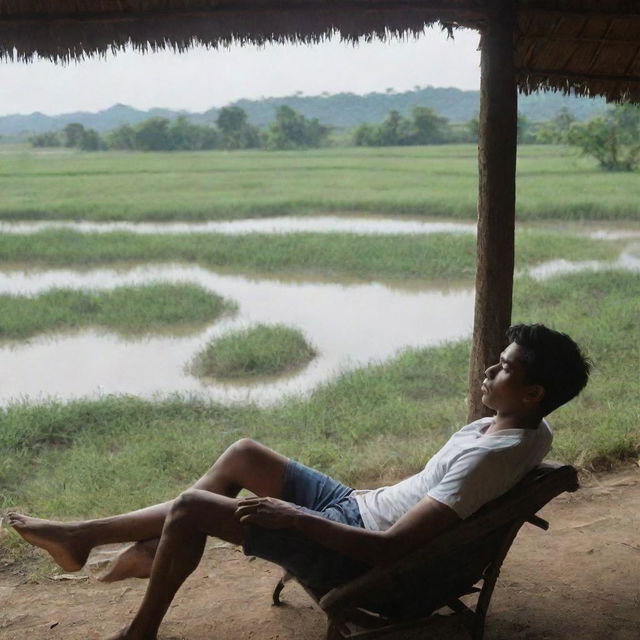 A young man leisurely reclining in a hut overlooking his catfish farm