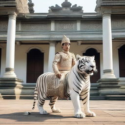 This is a super HD quality, realistic photoshoot of an Indonesian prince riding a large white tiger in front of a Javanese royal palace courtyard