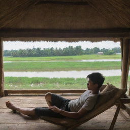 A young man leisurely reclining in a hut overlooking his catfish farm