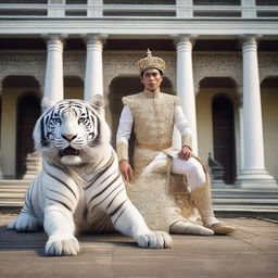 This is a super HD quality, realistic photoshoot of an Indonesian prince riding a large white tiger in front of a Javanese royal palace courtyard