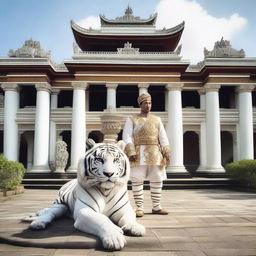 This is a super HD quality, realistic photoshoot of an Indonesian prince riding a large white tiger in front of a Javanese royal palace courtyard