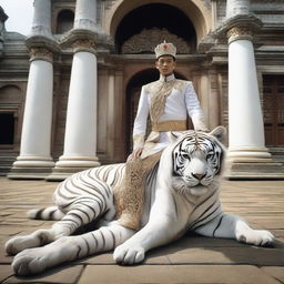 This is a super HD quality, realistic photoshoot of an Indonesian prince riding a large white tiger in front of a Javanese royal palace courtyard