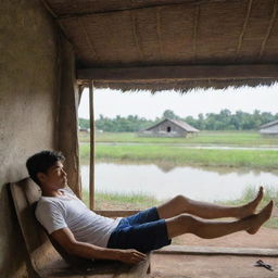 A young man leisurely reclining in a hut overlooking his catfish farm